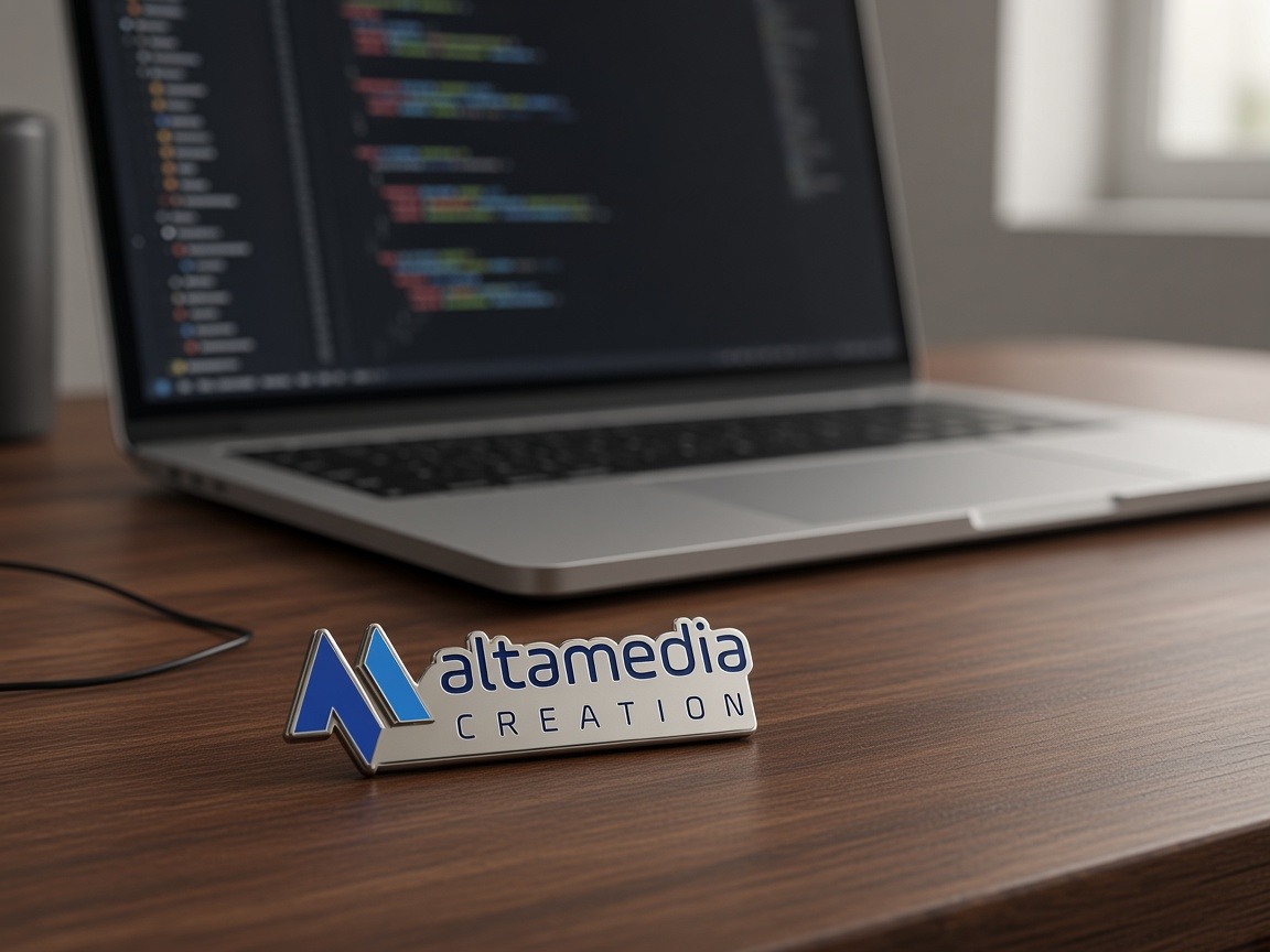 Chapita Alta Media Creation sobre el escritorio junto a un portátil con código
